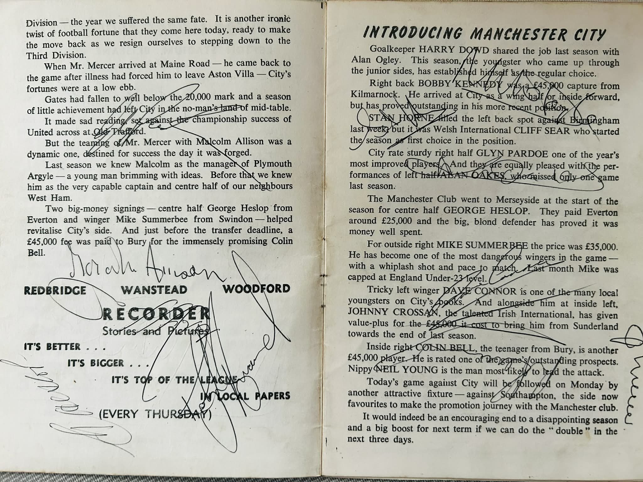 Leyton Orient v Manchester City – 7th May 1966 Official Matchday Programme – Signed by the Championship-Winning Team